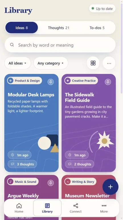 The First Thought library in cards view, with categories, thought counts and search