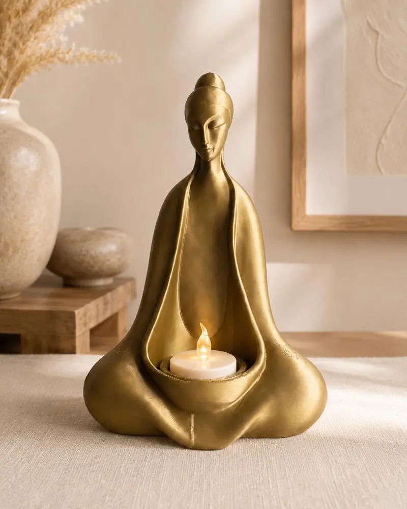 Three brass-finish meditating figures each cradling a lit tea light on a warm shelf
